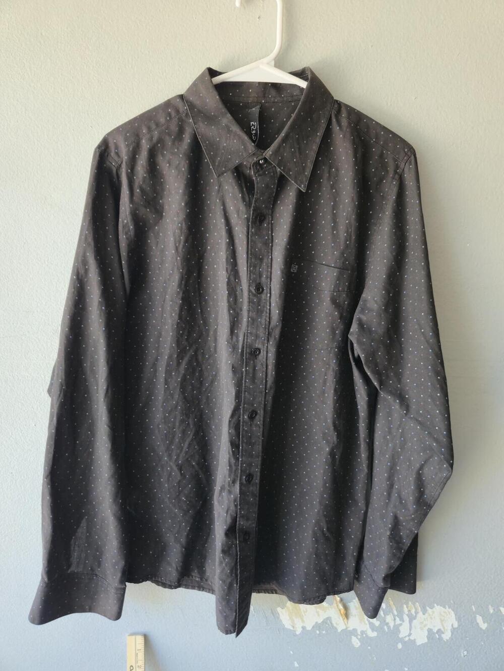 KR3W Men's Long Sleeve Button-Up Shirt Large Black with Polka Dots